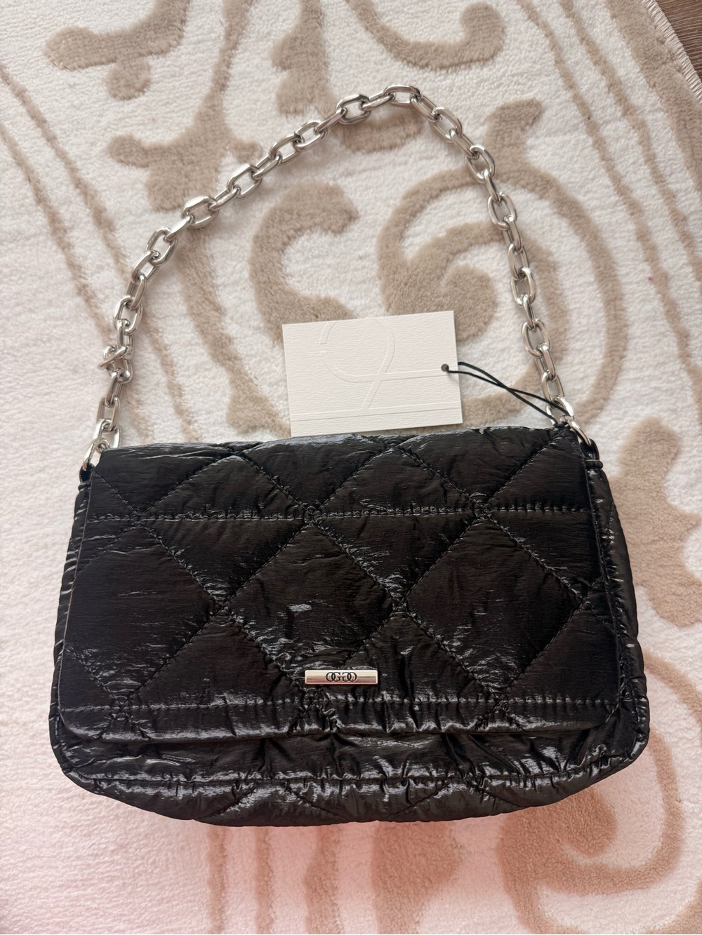 Quilted Black Shoulder Bag with Silver Chain